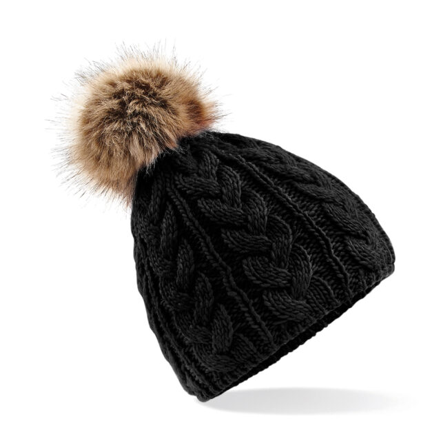 Fur pop pom cable beanie