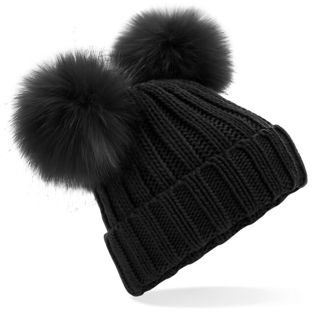 Faux fur double pop pom beanie