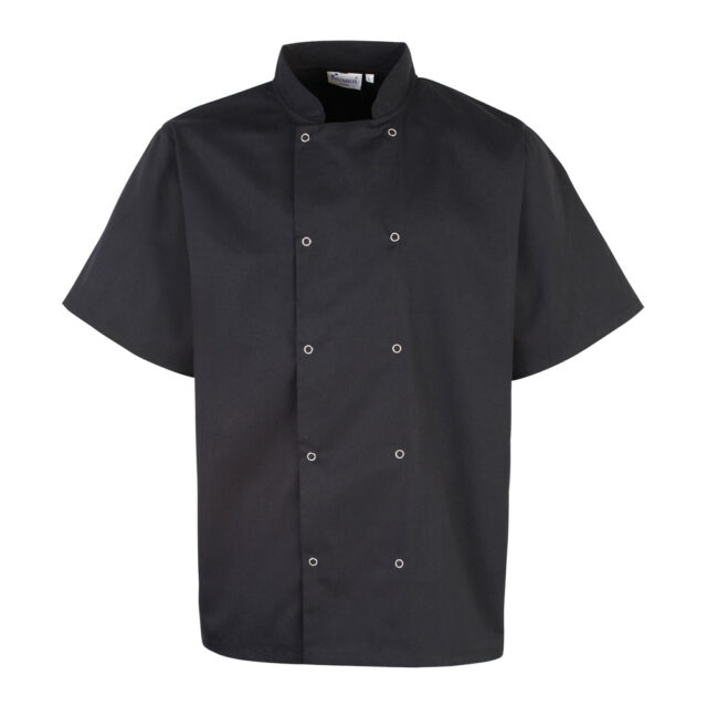 Studded front short sleeve chef’s jacket